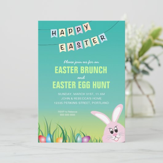 Happy Oster, Bunny & Eggs Osterbrunch Einladung (Stehend Vorderseite)
