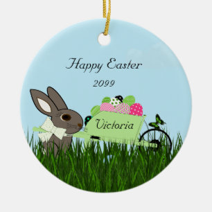 Happy Oster Bunny w Wheelbarrow Keramik Eier Ornament