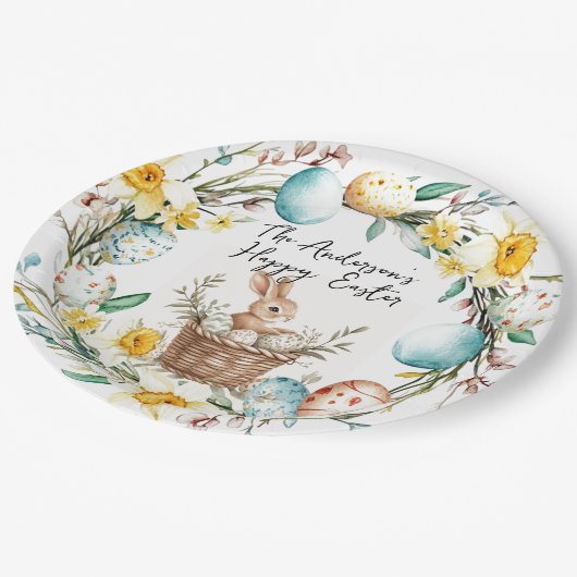 Happy Osterbanny mit Korb und blumengeschmückten O Pappteller (Schrägansicht)