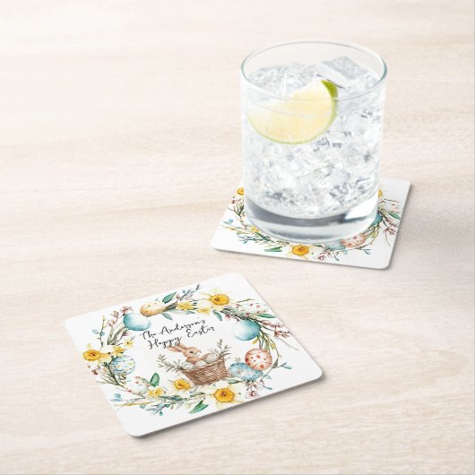 Happy Osterbanny mit Korb und blumengeschmückten O Rechteckiger Pappuntersetzer (Vor Ort)