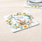 Happy Osterbanny mit Korb und blumengeschmückten O Rechteckiger Pappuntersetzer (angewinkelt)