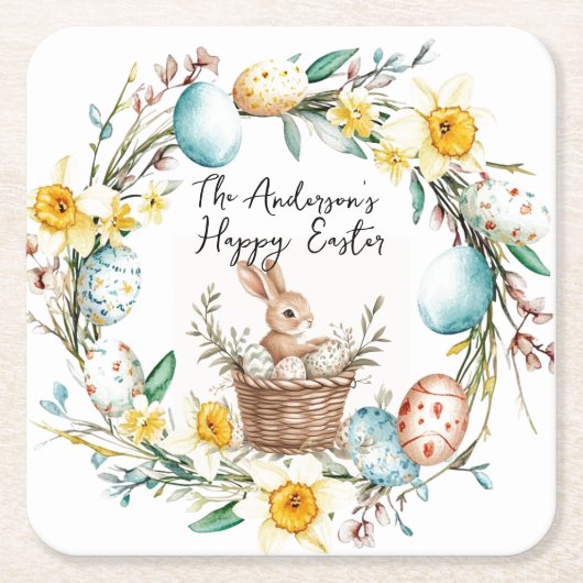 Happy Osterbanny mit Korb und blumengeschmückten O Rechteckiger Pappuntersetzer (Vorderseite)