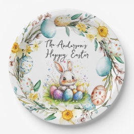 Happy Osterbanny und blumengeschmückte Osterfeier Pappteller