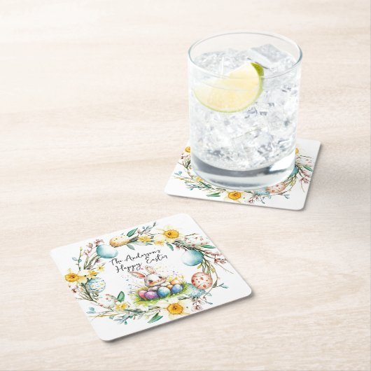 Happy Osterbanny und blumengeschmückte Osterfeier Rechteckiger Pappuntersetzer (Vor Ort)