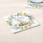 Happy Osterbanny und blumengeschmückte Osterfeier Rechteckiger Pappuntersetzer (angewinkelt)