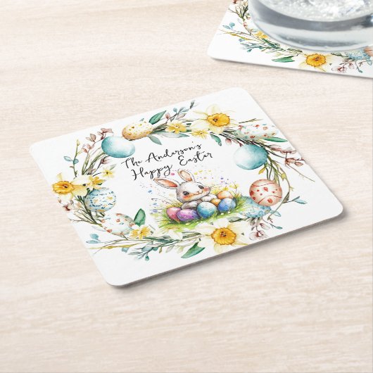 Happy Osterbanny und blumengeschmückte Osterfeier Rechteckiger Pappuntersetzer (angewinkelt)