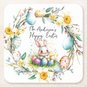 Happy Osterbanny und blumengeschmückte Osterfeier Rechteckiger Pappuntersetzer (Vorderseite)