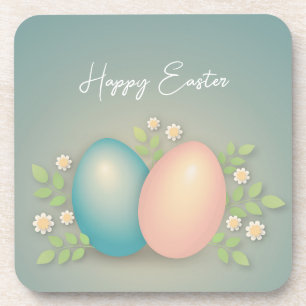 Happy Ostereier und Frühlingsblumen weich blau Getränkeuntersetzer