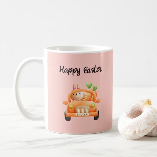 Happy Osterfahrer auf rosa Kaffeetasse (Mit Donut)