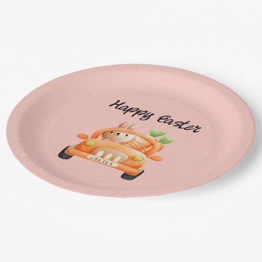 Happy Osterfahrer auf rosa Pappteller (Schrägansicht)