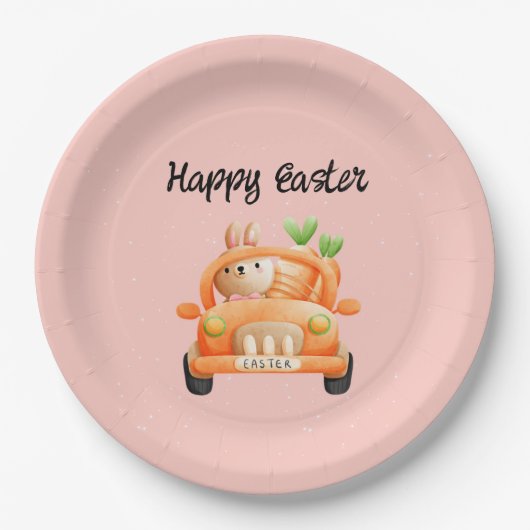 Happy Osterfahrer auf rosa Pappteller (Vorderseite)