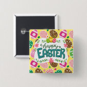 Happy Osterfarbene Ostereier Muster gelb Button (Vorne & Hinten)
