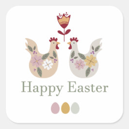 Happy Osterfest Vorlagen mit Eiern, Blume, Huhn Quadratischer Aufkleber