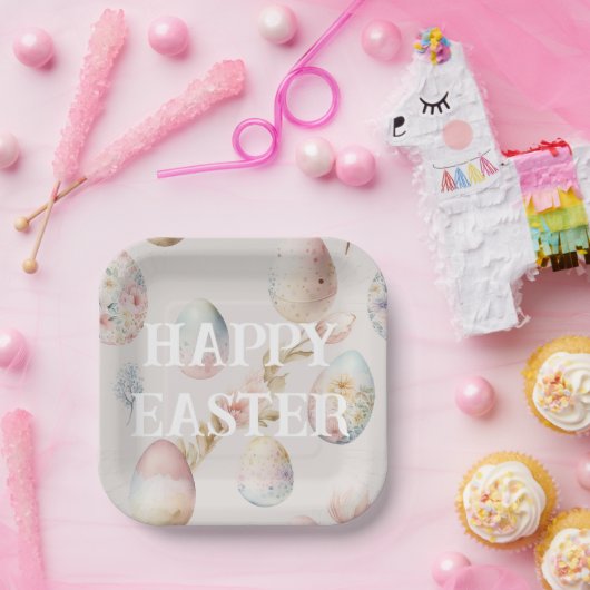 Happy Osterpapiertafel in sanften rosa Farben Pappteller (Party)