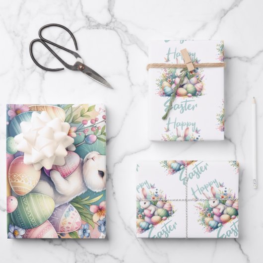 Happy Osterpastel Ostern Bunny Egg Aquarell Geschenkpapier Set (Vorderseite)