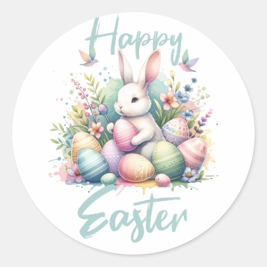 Happy Osterpastel Ostern Bunny Egg Aquarell Runder Aufkleber (Vorderseite)