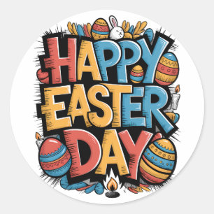 Happy Ostertag 2025 Funny Heart Bunny Eggs Runder Aufkleber