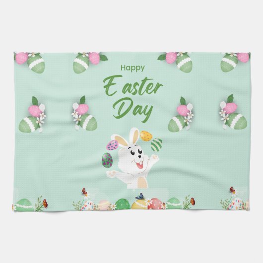 Happy Ostertag - Funny Bunny und Eggs Oster Geschirrtuch (Horizontal)