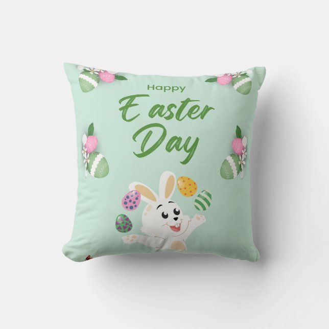 Happy Ostertag - Funny Bunny und Eggs Oster Kissen (Vorderseite)