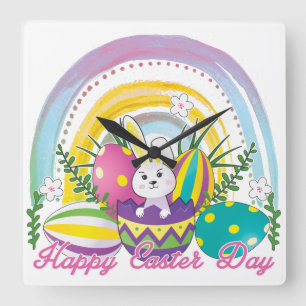 Happy Ostertag mit Farben des Regenbogens Quadratische Wanduhr