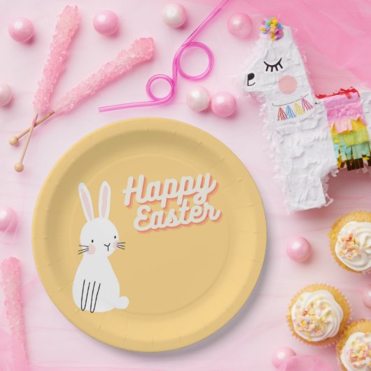 Happy Ostertext mit sonniger Orange Pappteller (Party)