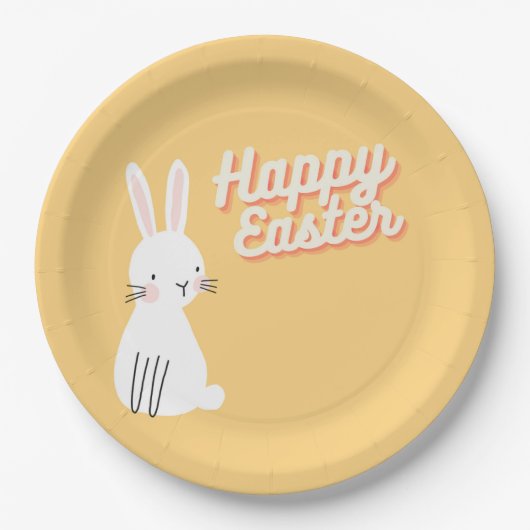 Happy Ostertext mit sonniger Orange Pappteller (Vorderseite)