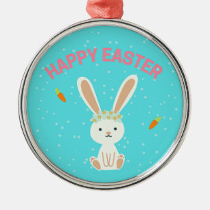 Happy Osterweißer Hase auf blau Ornament Aus Metall