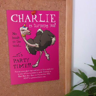 Happy Ostrich tanzen in Party Hat Cartoon Einladung