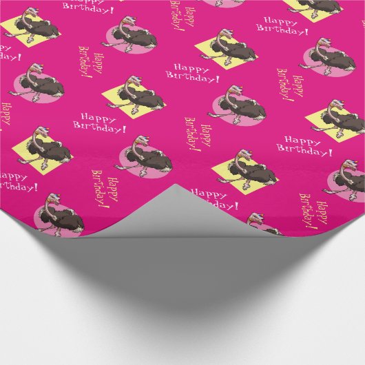 Happy Ostrich tanzen in Party Hat Cartoon Geschenkpapier (Ecke)