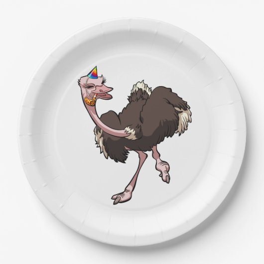 Happy Ostrich tanzen in Party Hat Cartoon Pappteller (Vorderseite)