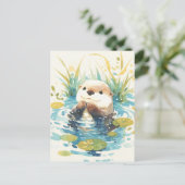 Happy Otter in Watercolor Lily Pond Postkarte (Stehend Vorderseite)