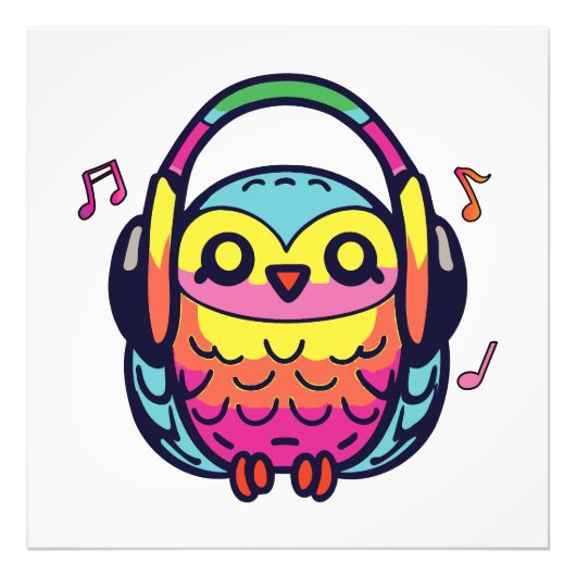 Happy Owl mit Kopfhörern, die Musik hören. Fotodruck (Vorne)