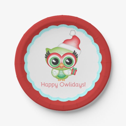 Happy Owlidays Weihnachten Weihnachtsmannmütze Hol Pappteller (Vorderseite)