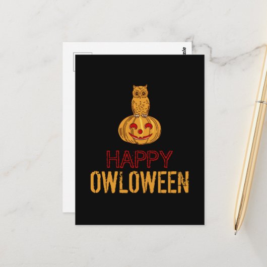Happy Owloween, Halloween Postkarte (Vorderseite/Rückseite Beispiel)