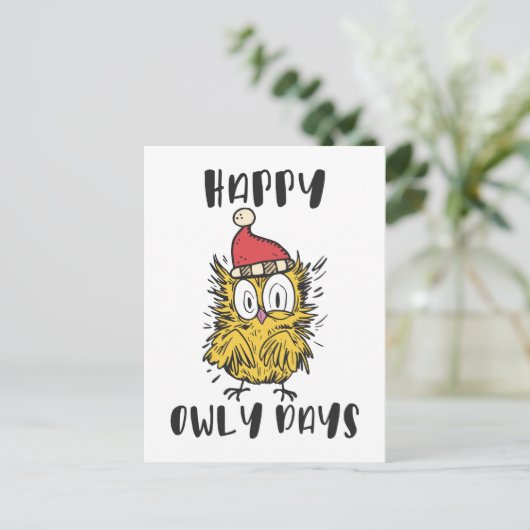 Happy Owly Days Funny Santa Owl Postkarte (Stehend Vorderseite)