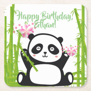 Happy Panda mit Bamboo & Cherry Blossom Rechteckiger Pappuntersetzer