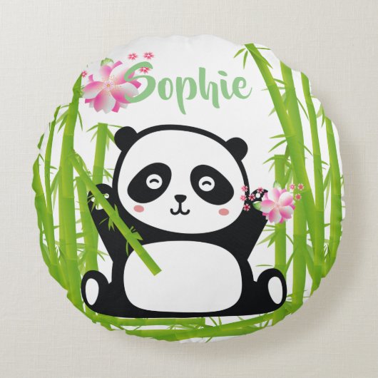 Happy Panda mit Bamboo & Cherry Blossom Rundes Kissen (Vorderseite)