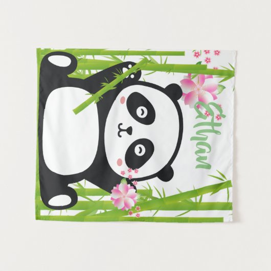 Happy Panda mit Bamboo & Cherry Blossom Wandteppich (Vorderseite (Horizontal))