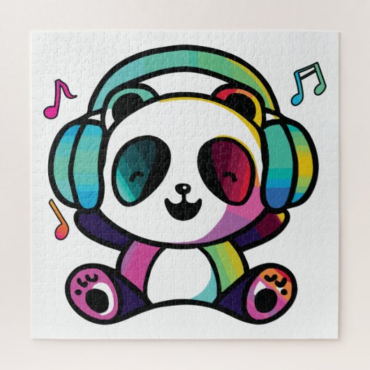 Happy Panda mit Kopfhörern, die Musik hören. Puzzle (Vertikal)