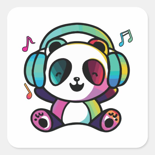 Happy Panda mit Kopfhörern, die Musik hören. Quadratischer Aufkleber (Vorderseite)