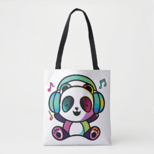Happy Panda mit Kopfhörern, die Musik hören. Tasche