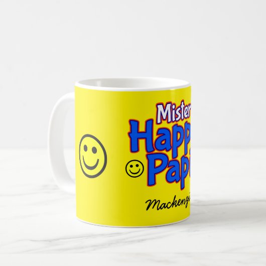 Happy Papi mit Smile Emojis und Name auf YELLOW Kaffeetasse (Vorderseite Links)
