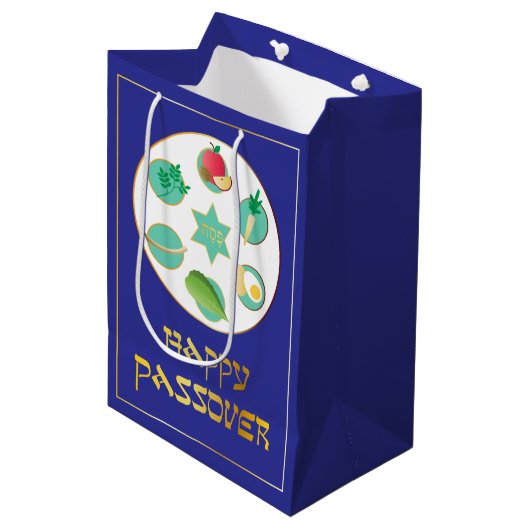 Happy Passover in blau Mittlere Geschenktüte (Vorderseite Schrägansicht)
