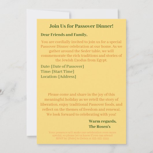 Happy Passover| Schöne Seder Pesach Einladung (Rückseite)