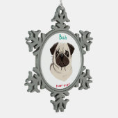 Happy Pawlidays Bah Hum-Mops Schneeflocken Zinn-Ornament (Links)
