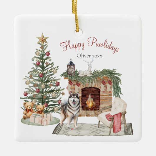 Happy Pawlidays Dog Design - Alaskan Malamute Keramikornament (Vorderseite)
