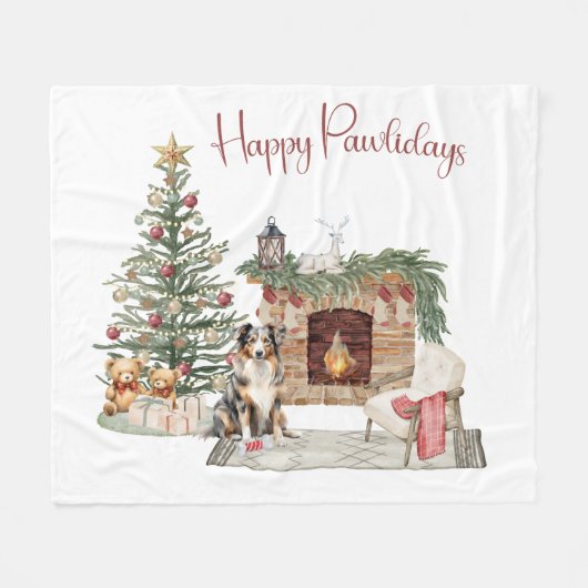Happy Pawlidays Dog Design - Australian Shepherd Fleecedecke (Vorderseite (Horizontal))
