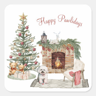 Happy Pawlidays Dog Design - Bichon Frise Quadratischer Aufkleber