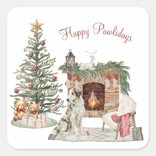 Happy Pawlidays Dog Design - Borzoi Quadratischer Aufkleber (Vorderseite)
