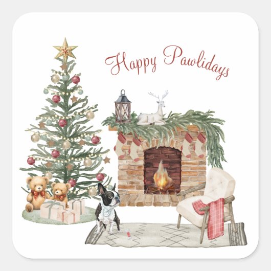 Happy Pawlidays Dog Design - Boston Terrier Quadratischer Aufkleber (Vorderseite)